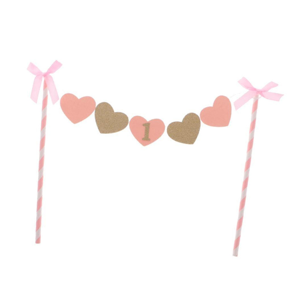 6 x Pink Guld Ét År Gammel Tillykke med Fødselsdagen Kagepynt Flag Banner Første Fødselsdag