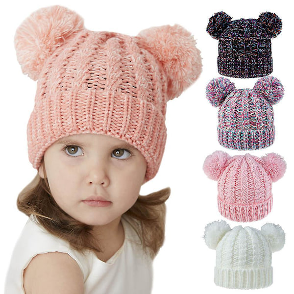 Söt Stickad Mössa för Spädbarn Flickor och Pojkar Tjock Varm Pom Pom Vinterhatt för Småbarn 1-5 År Vit