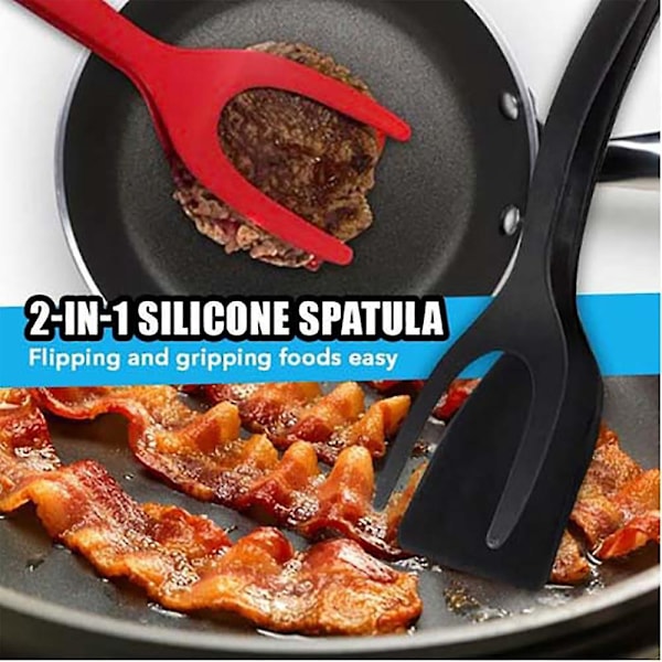 Stekt Egg Dobbel Spatel, Non-stick Matklype 2-I-1 Silikon Eggvender Pannekake Brødklemme Grillspade Tang for Matgrep og Snuing