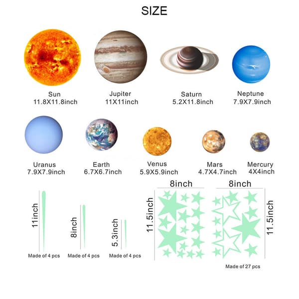 Självlysande solsystemplaneter fluorescerande väggdekaler planetdekaler takväggdekorationdekaler för barnrum