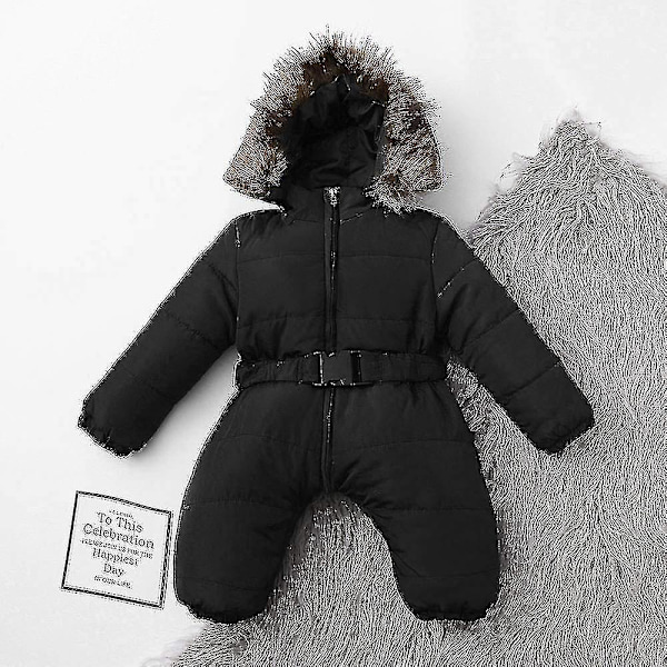 Baby Hooded Jumpsuit för pojkar och flickor, 0-24 månader, med pälskrage 70cm Svart