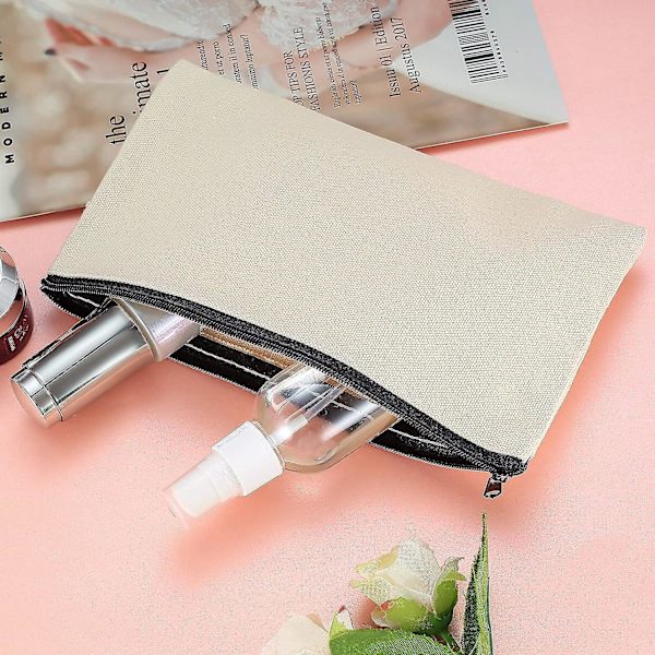Canvas sminkväska - Beige, reseväska för kosmetika med dragkedja, DIY tom canvas tygväska - Perfekt för resor, kontor och skola
