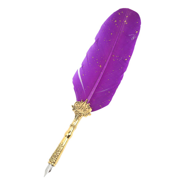 Retro Feather Pen Set Presentförpackning Lila Klar Textur Rostfritt stål Graverad Spets Pole Quill Ink Pen Set