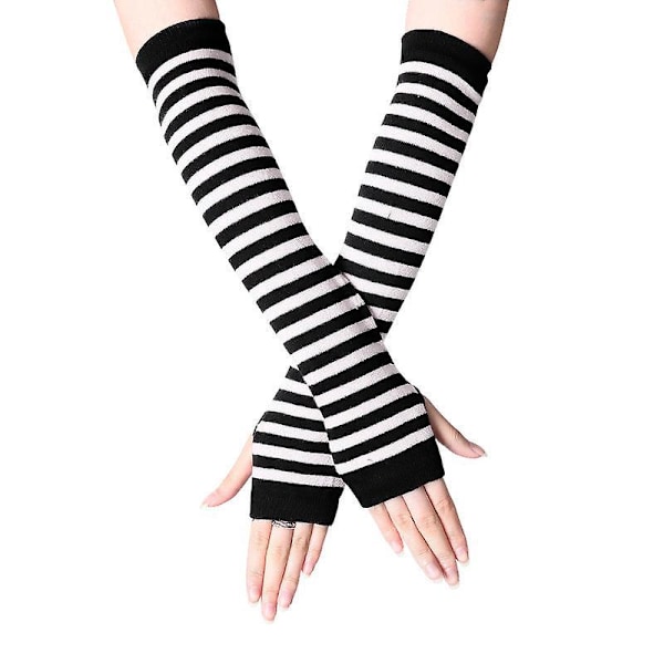 Punk Gothic Svarta och Vita Randiga Långa Armlösar Handskar Bomulls Armband