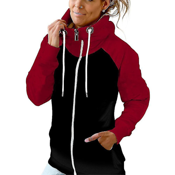 Colorblock hættetrøje sweatshirt - Dame casual lynlås jakke med lommer 2XL rød