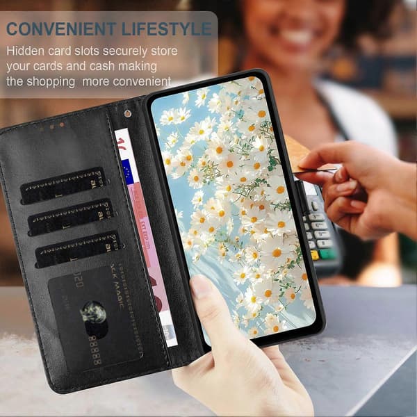 Leather Case with Embossed Daisy Pattern, Wallet Stand, Protective Phone Cover for Samsung Galaxy A56 5G Black