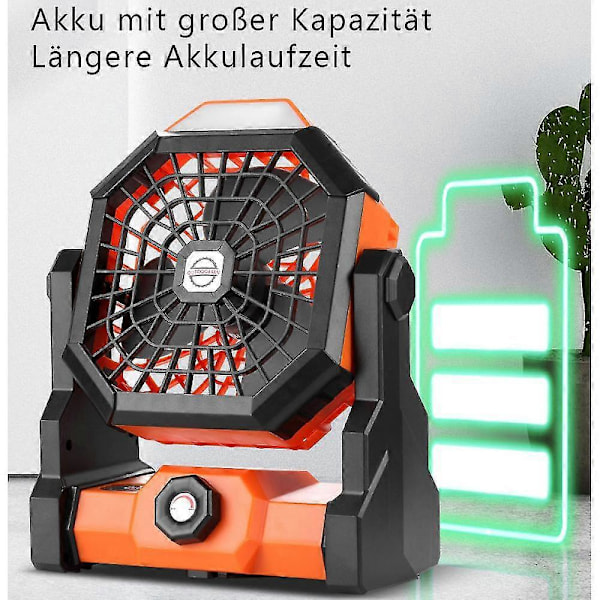 Ladattava retkeilytuuletin LED-lyhdyllä ja ripustuskoukulla, oranssi