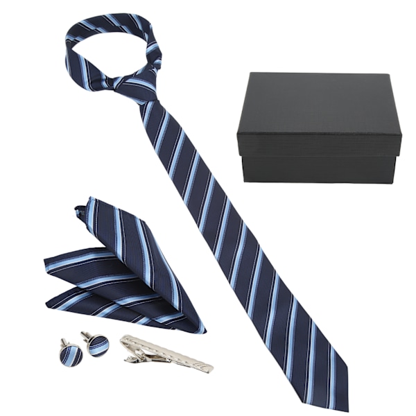 Klassiska slipsset för män, herrkläder, slipsar med blå ränder, handduk, presentask, accessoarer