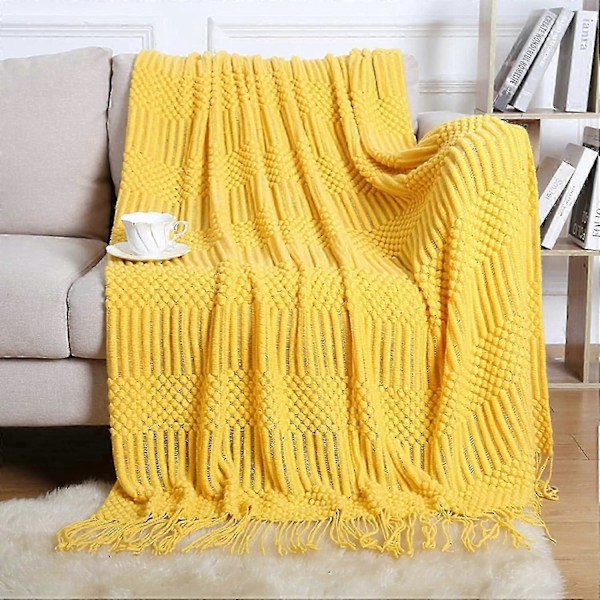 Sengetæppe Strikket Tæppe Plaider Blødt Varmt Tekstureret Dekorativt Tæppe med Kvaster til Sofa og Seng (Gul, 127x173cm)