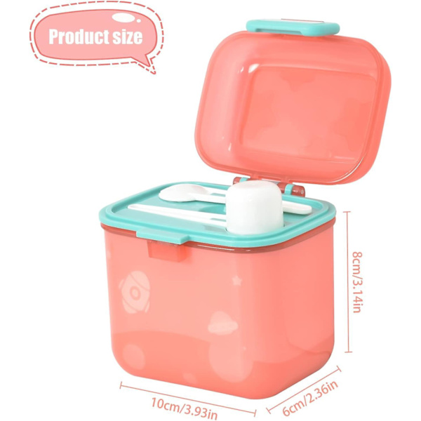 Lufttett rosa melkepulverdispenser - 480 ml kapasitet, med skje og gaffel