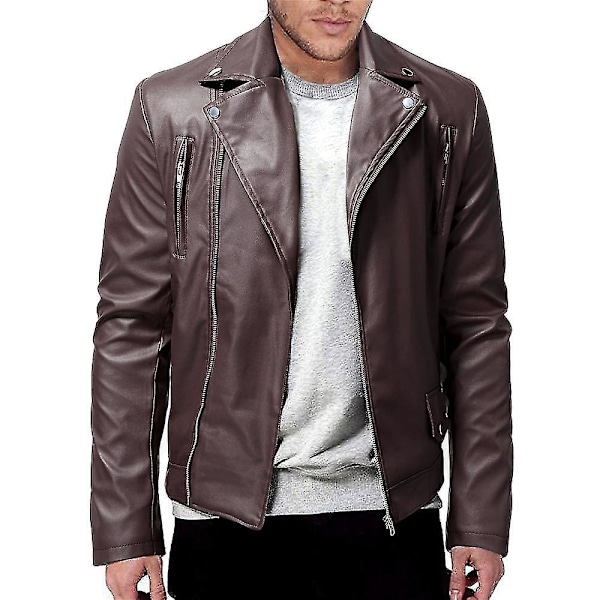 Slank Pasform Brun PU Læder Biker Motorcykeljakke Frakke 4XL