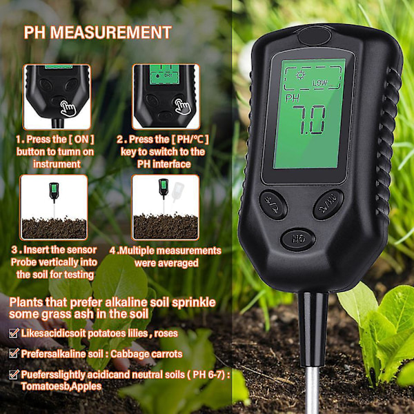 4 i 1 Digital Jordfugtighedsmåler Plantetemperatur pH Solintensitet Luftfugtighed LCD Display Jordtestværktøj