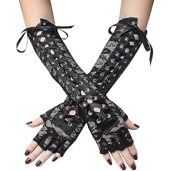 Steampunk-handskar med snörning, fingervantar, långa, för fest på kvällen (1 par, svart)