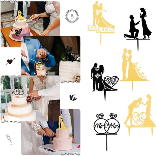 Sett med 6 bryllupskakepynt, Mr. og Mrs. figurer, akryl cupcake-pynt, brud- og brudgom-silhuetter til bryllup