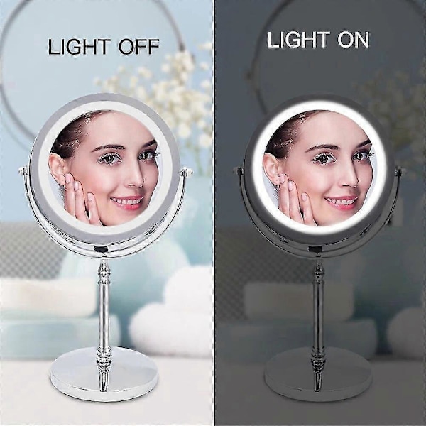 10X Forstørrelses Makeup Spejl Med Lys LED Kosmetiske Spejle Rund Form Bordplade Vanity Spejl Dobbeltsidet Baggrundsbelyste Spejle Sølv