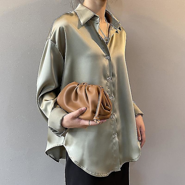 Satin Silke Knappelukning Hvit Bluse - Høst Mote Lang Ermer Khaki XXL
