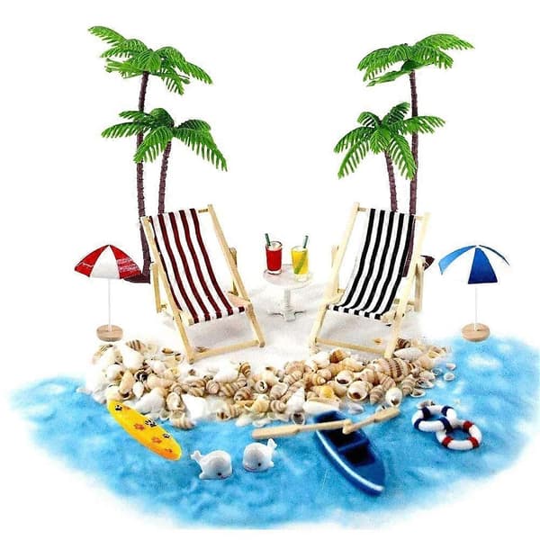 1/12 Dollhouse Accessories Miniature Beach Set Decoration Beach Micro Landscape with Beach Chairs Parasol Palm Tree