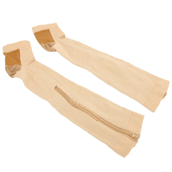 Dragkedja kompressionsstrumpor Mjuk nylon Tvättbar Återanvändbar öppen tå benformande strumpor för kvinnor Hudfärg Splicing L/XL