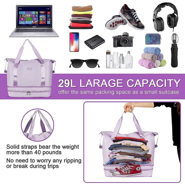 Lila vattentät resväska med resväskögla, våta och torra avdelare, unisex, 29L handbagage för helg- och sjukhusbruk
