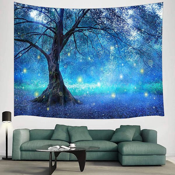 Väggbonad Magisk Skog Blått Träd Väggbonad för Sovrum Vardagsrum - 130x150cm