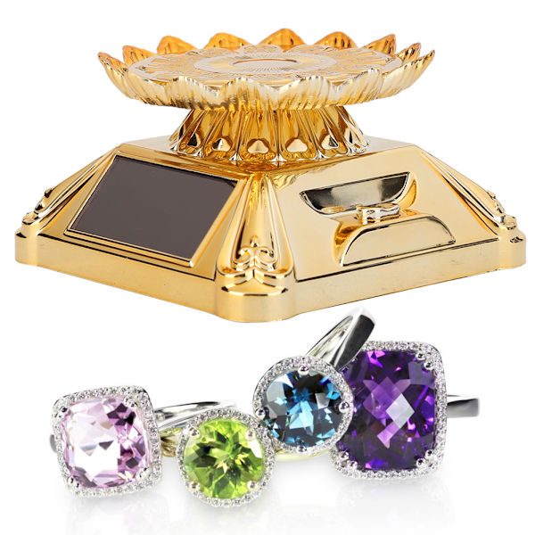 Roterande skivspelare Smycken Display Stativ Hållare Halsband Bricka Soldriven Guld 80 x 48 mm