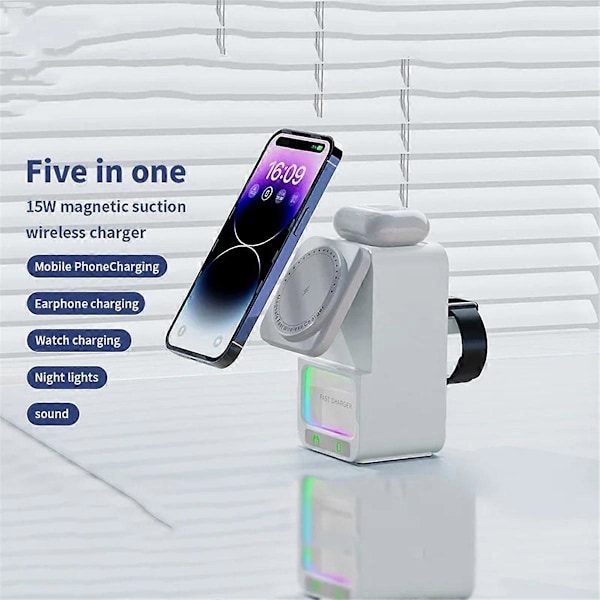 15W 5 i 1 Lader Magnetiske Nattlamper Bluetooth Høyttaler Svart