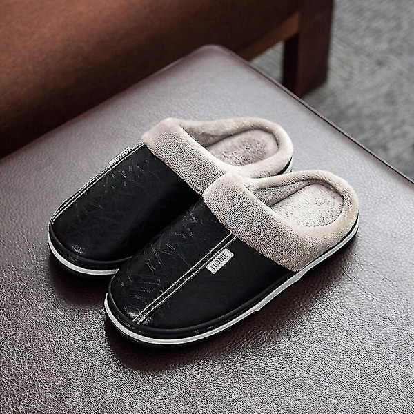 Winter Waterproof Men's PU Leather Slippers - Big Size, Indoor and Outdoor, Home Fur Lined, Couple's Flat Shoes 48-49(fit 47-48) Black