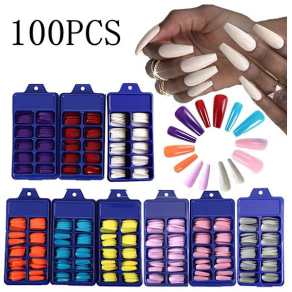100 stk/æske Kiste Ballerina Falske Neglespidser Fulddækning Neglespidser DIY Akryl Nail Art 10 størrelser Fuldt sæt