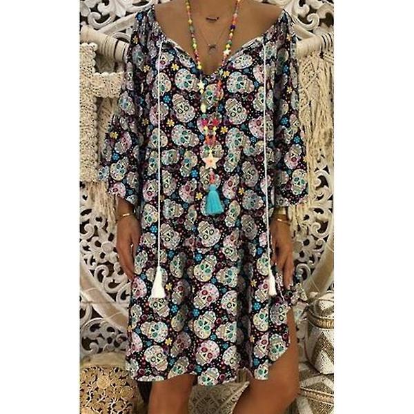 Skull Flowy V-hals T-shirt Kjole XL Purplish Blå Kvinder Plus Størrelse