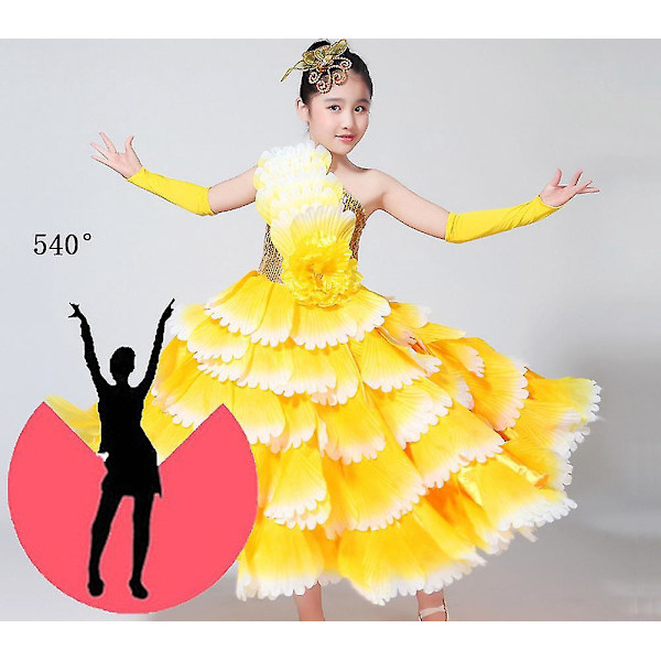 Moderne Petal Dansekjole for Jenter - Flamenco Ballkjole for Pageant, Scenefremføring og Skoleaktiviteter 5-6 år 540 gul