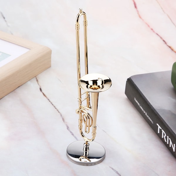 Miniatyr trombone replika med stativ og veske Gullbelagt instrumentmodell Musikalske ornamenter