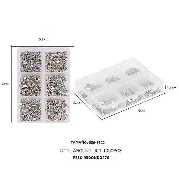 Champagne AB Flatback Nagelkonst Strass Kit, 6 Fack, DIY Manikyr Dekoration, Blandade Färger Nageldesign Verktyg8