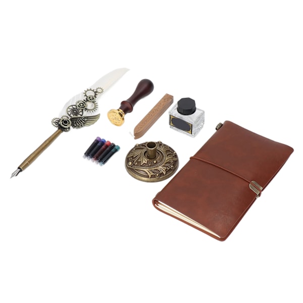 Hvidt fjerpennesæt Mekanisk tekstur Vintage Elegance Quill Pen Blæksæt med blækpose Metalindgraveret Nib Notebook-stempel