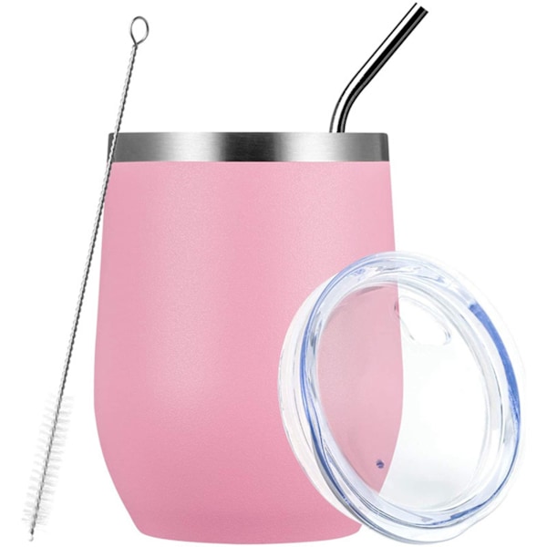 12oz 304 Rostfritt Stål Äggskalskopp Set U-formad Stor Mag Värmeisoleringskopp med Sugrör Koppslock Borste Rosa