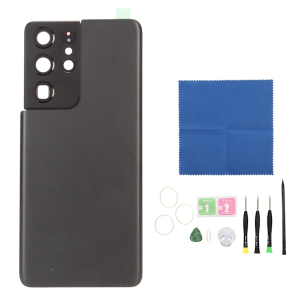 Bakglassdekselutskifting med forhåndsinstallert kameralinse og tapedeler for Galaxy S21 Ultra Svart