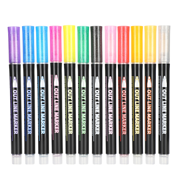 12 stk dobbeltlinjepenner fargerik håndmaling kontur stasjonær highlighter markør 12 farger