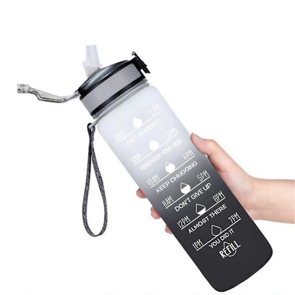 1000 ml:n vesipullot juoma-ajoilla ja pillillä, motivoiva vesipullo aikamerkinnällä, tritan & BPA-vapaa, juo mustaa tai valkoista