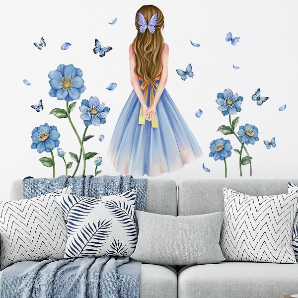 En uppsättning väggdekaler Flicka med blommor Fjärilar Väggdekor Väggdekoration för Vardagsrum Sovrum Kontor
