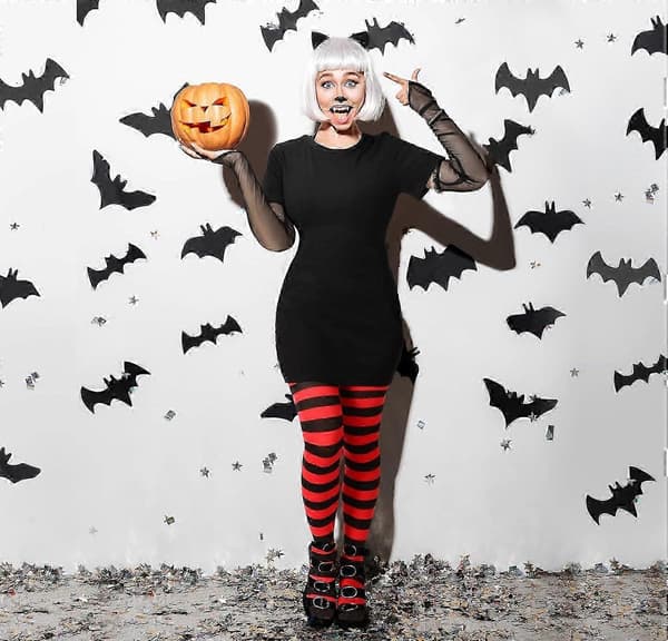 Halloween vampyrkostume til kvinder sort og rød legging sort kjole vampyr hugtænder handske til cosplayfest Large