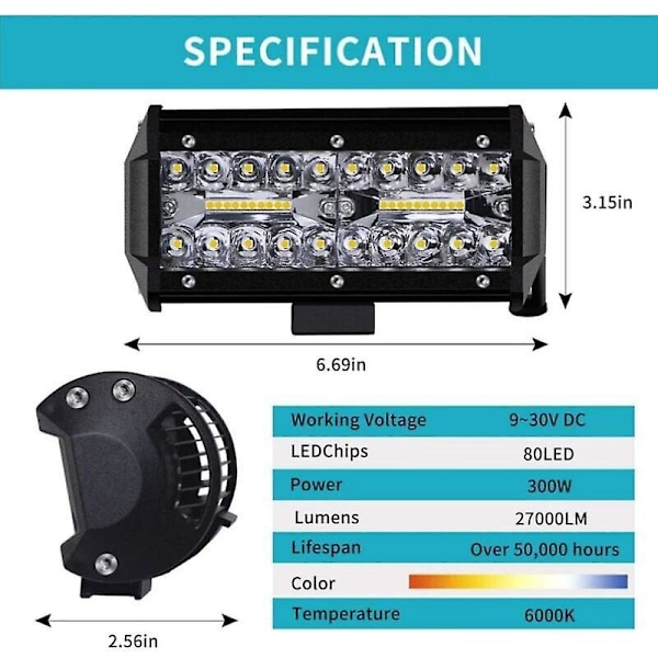 LED Arbeidslys 12V 300W 7' Bil LED Spotlight 12v Vanntett IP67 Spot Flood LED Tåkelys 27 000lm Arbeidslys for Bil Lastebil Traktor SUV Båt (2 stk)