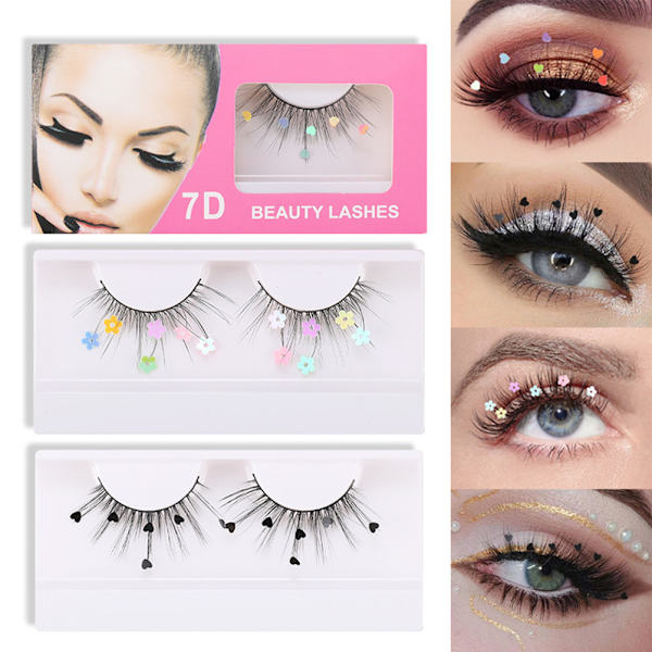 7D Paljetter Falska Ögonfransar Peach Hjärta Glitter Ögonfransar Förlängning Curler Fransar Makeup Fest Bröllop