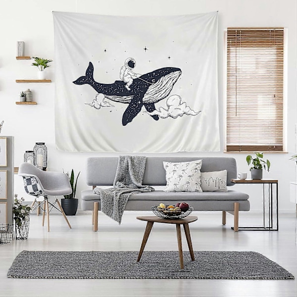 Black Whale Trippy Tapestry, Väggbonad Söt Astronaut Estetiska Tapeter Handgjorda