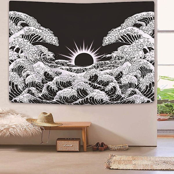 1 stk. veggteppe Great Wave-teppe med solnedgang, svart og hvitt havteppe, veggoppheng for stue soverom (Wave, 150x200cm)