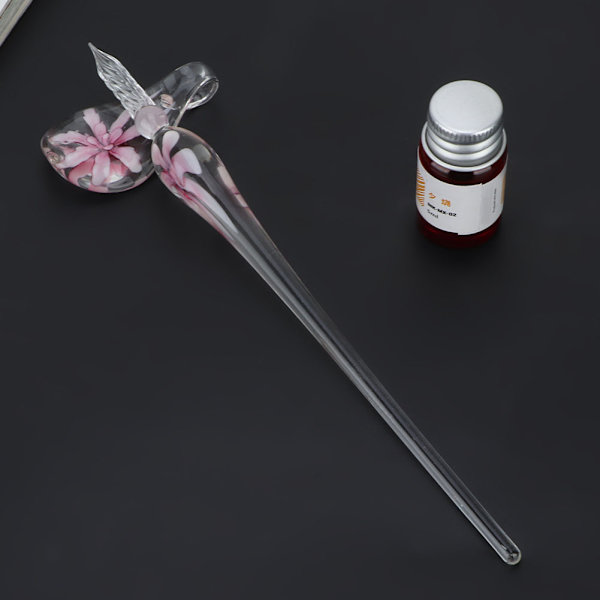 Retro Crystal Elegant Flower Glass Dip Pen Signature Ink Fountain Pen with Ink Penholder Pink
