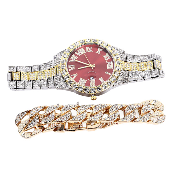 Urarmbåndssæt Diamantdekoration Indbygget kalender i rustfri stålrem Business Quartz Watch til mænd gave