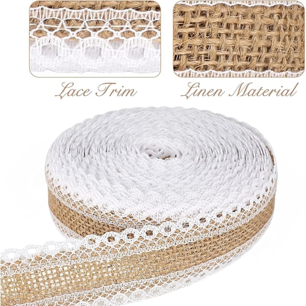 Jute Burlap Lace Ribbon - 10m rulla, hääkoristelu, lahjapakkaus