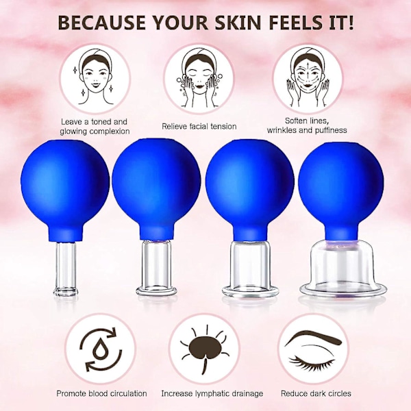 Ansiktskoppsats med 4 storlekar Glas Vakuummassage Anti Cellulite Silikon för Skönhet och Kroppsfasciamassage