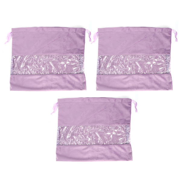 3 kpl pölytiivis samettinen säilytyspussi, jossa kiristysnauha vaatteille, meikeille, kengille, ulkoilmatkalle, 34x29cm, violetti