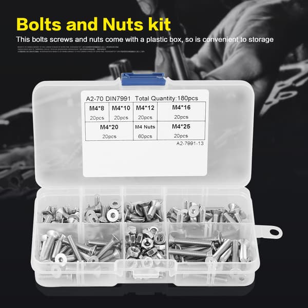 180 stk. M4 304 Rustfritt Stål Flat Head Bolt Skruer Muttere Sortimentsett med Boks