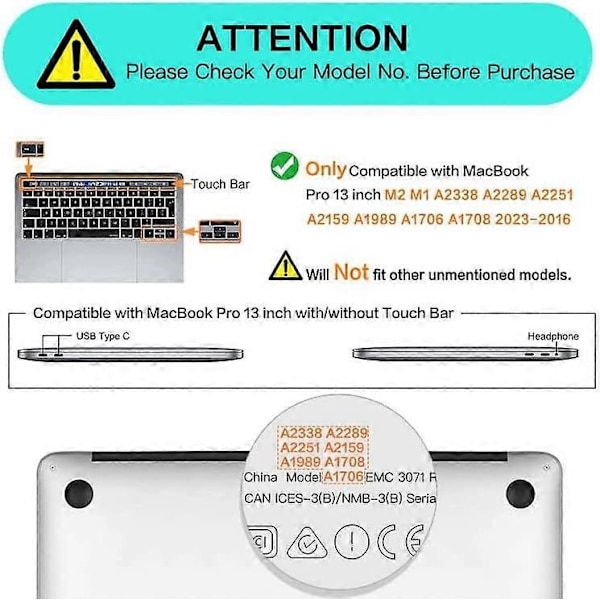 Skal för MacBook Pro 13 tum A1706 A1708 Kristallklar